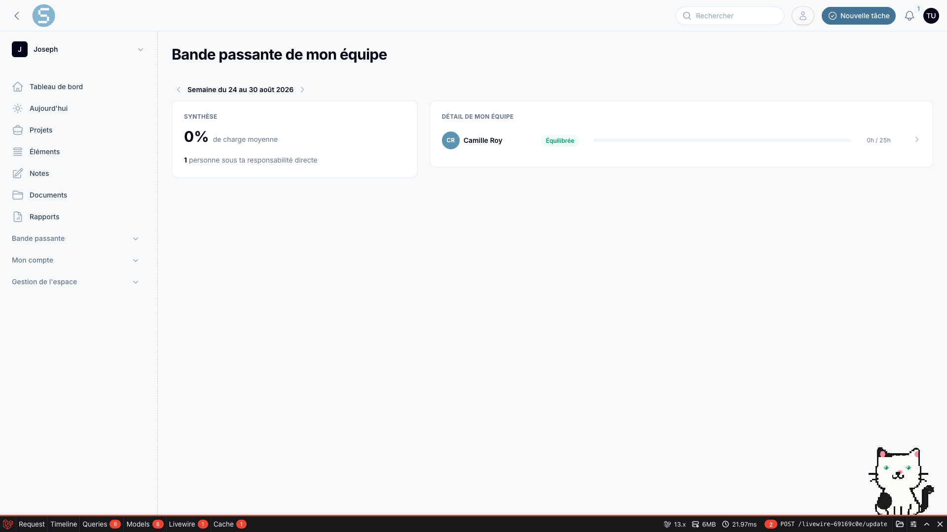 Bande passante de mon équipe — synthèse et détail par rapport direct