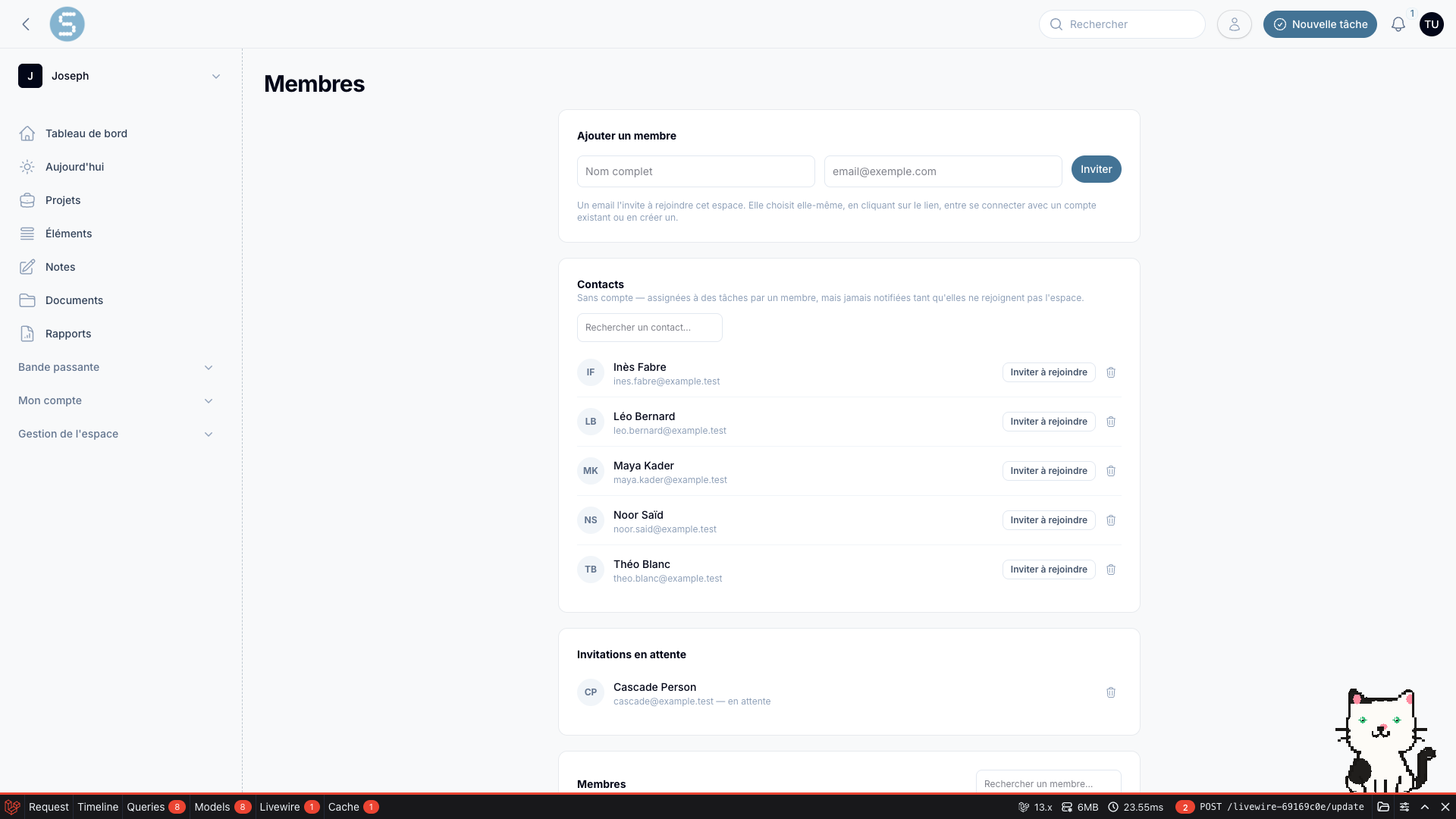La page Membres — ajout, contacts et invitations en attente