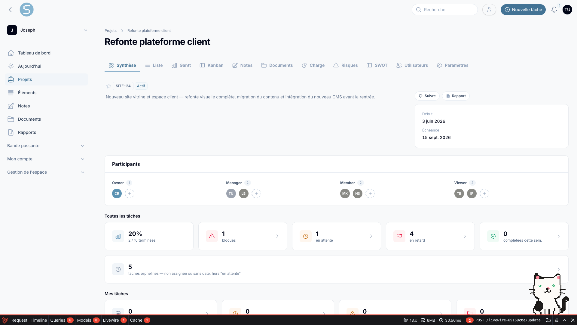 La page Synthèse d'un projet
